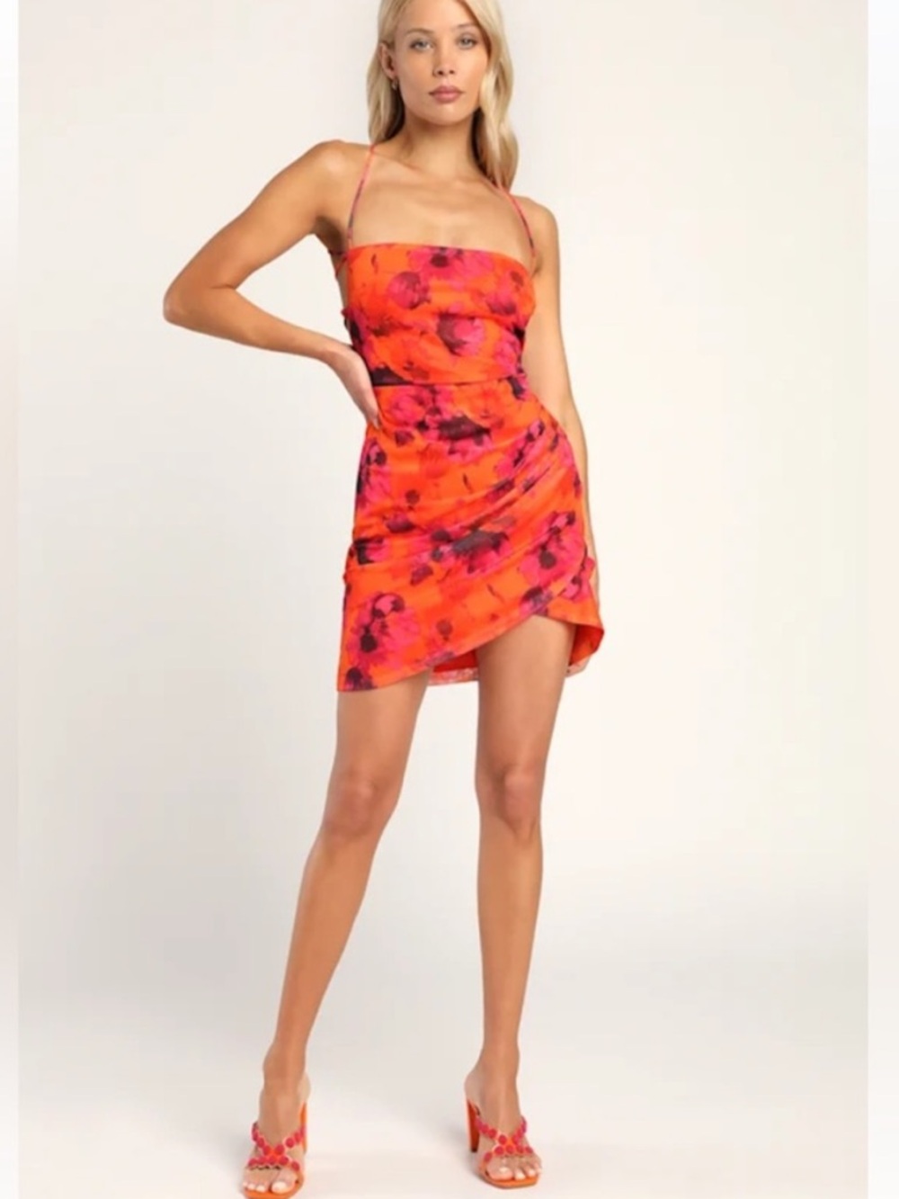 Lulu's Orange-Pink Floral Backless Mini Dress